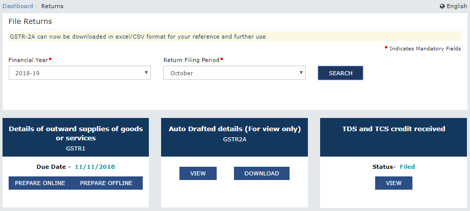 Return dashboard after filing "TDS and TCS Credit Received" acceptance